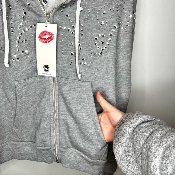 Wildfox Dolly Glitz Embellished Bejeweled Zip Up Hooded Sweatshirt Oversized XXS - Picture 6 of 17